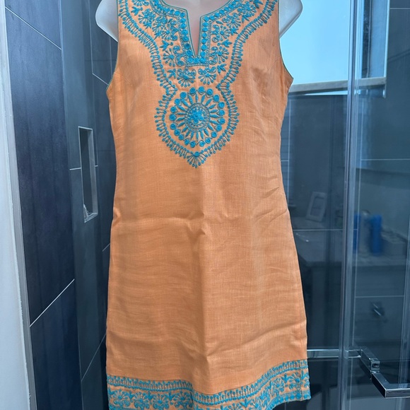 Embroidered Orange Midi Tank Dress with Turquoise Detail Linen Size 4 Small - Picture 3 of 10